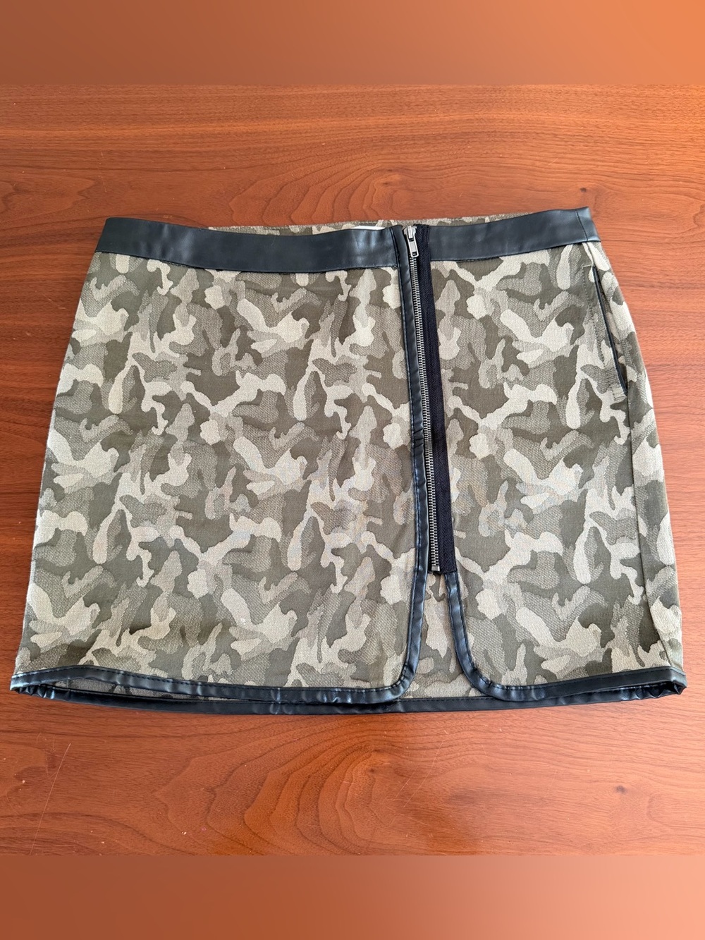 Camo Print Mini Skirt with Leather Trim - Olive Green